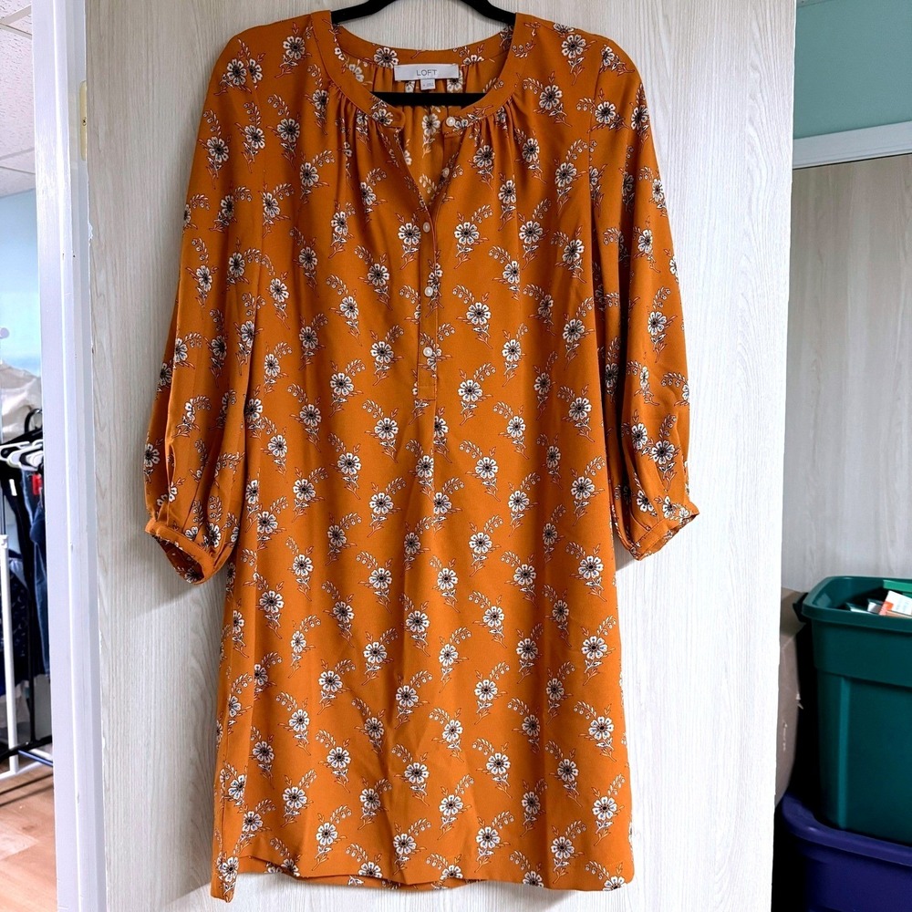 LOFT Floral Print Dress Womens Medium 3/4‎ Sleeve Button Front Casual sz medium